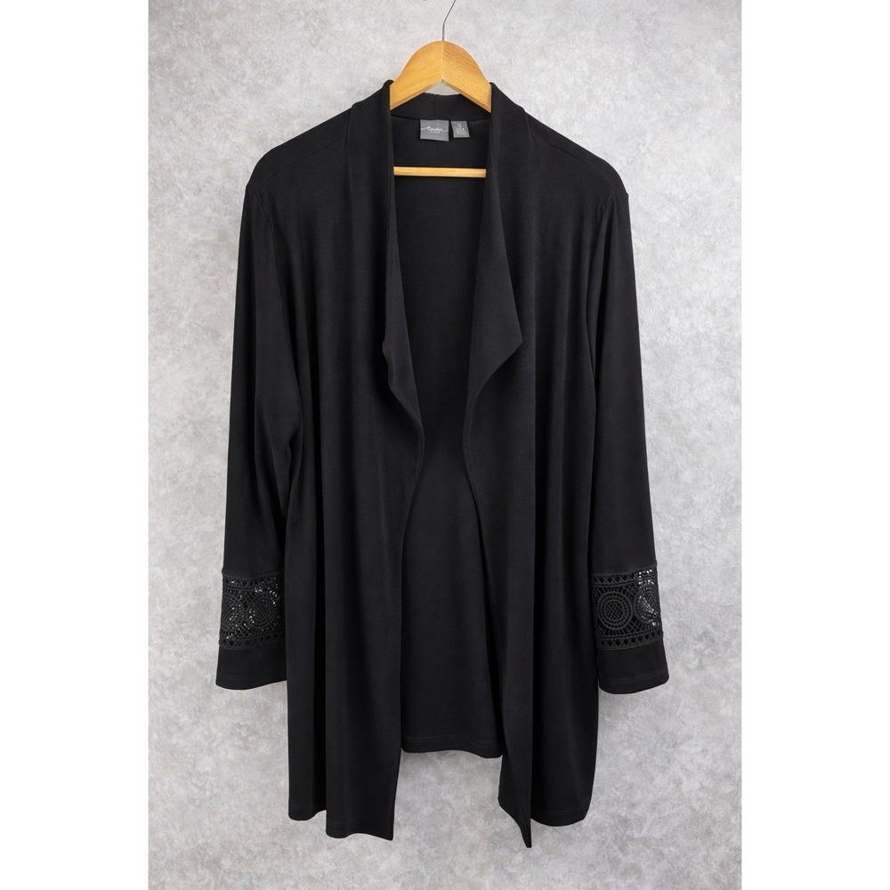Chico's Travelers Slinky Knit Travel Cardigan Jacket Black‎ Crochet Sleeve 3 XL